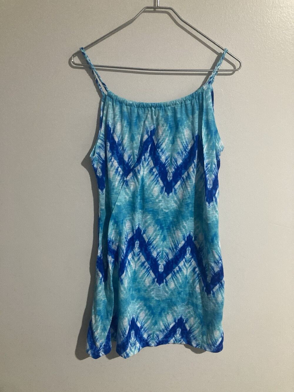 Pacific Beach Womens Large Blue White Spaghetti Strap Tank Dress Beach Chic